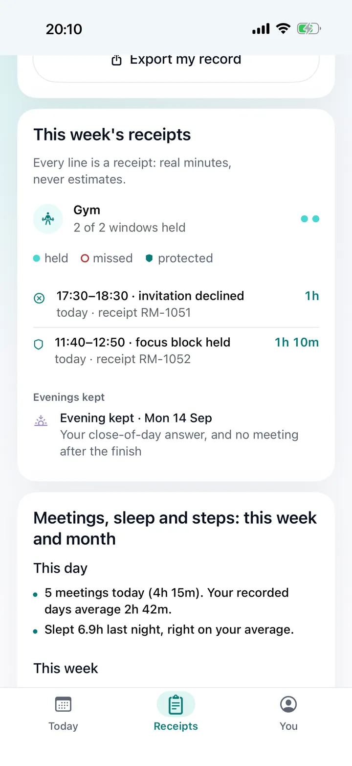 This week's receipts: an invitation declined for 17:30 to 18:30, receipt RM-1051, and a focus block held from 11:40 to 12:50, receipt RM-1052, with an evening kept on Monday 14 September.