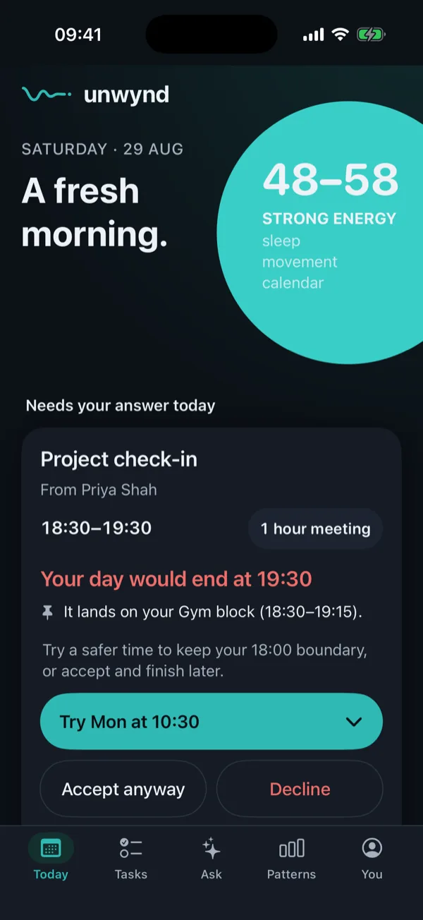 The Today screen: a full 24-hour day drawn as one bar — sleep, two meetings, the energy between them — with a calendar invitation priced before it is answered.